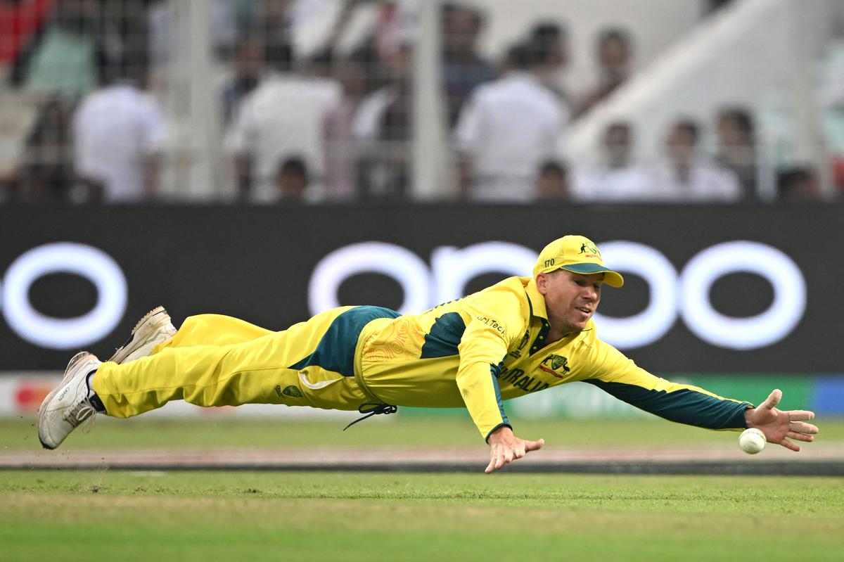David Warner fields during the 2023 ICC Men’s Cricket World Cup semifinal match between Australia and South Africa. 