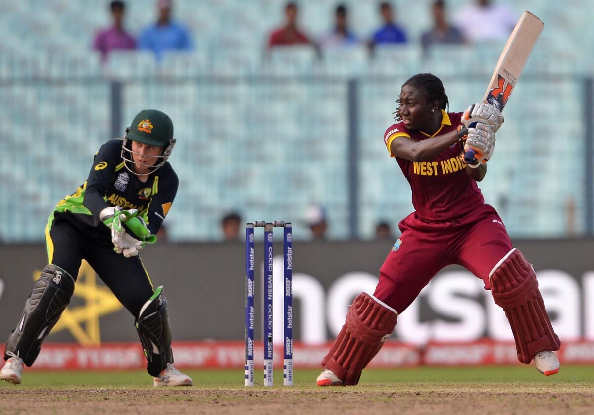 Stafanie Taylor of the West Indies plays a shot during the Women’s ICC World Cup Twenty20 final against Australia.