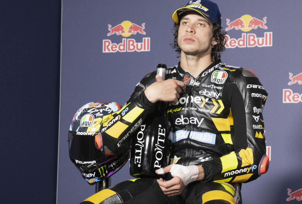 Marco Bezzecchi of Italy and Mooney VR46 Racing Team looks on during the press conference at the end of the MotoGP race during the MotoGP Of San Marino - Race at Misano World Circuit on September 10, 2023.