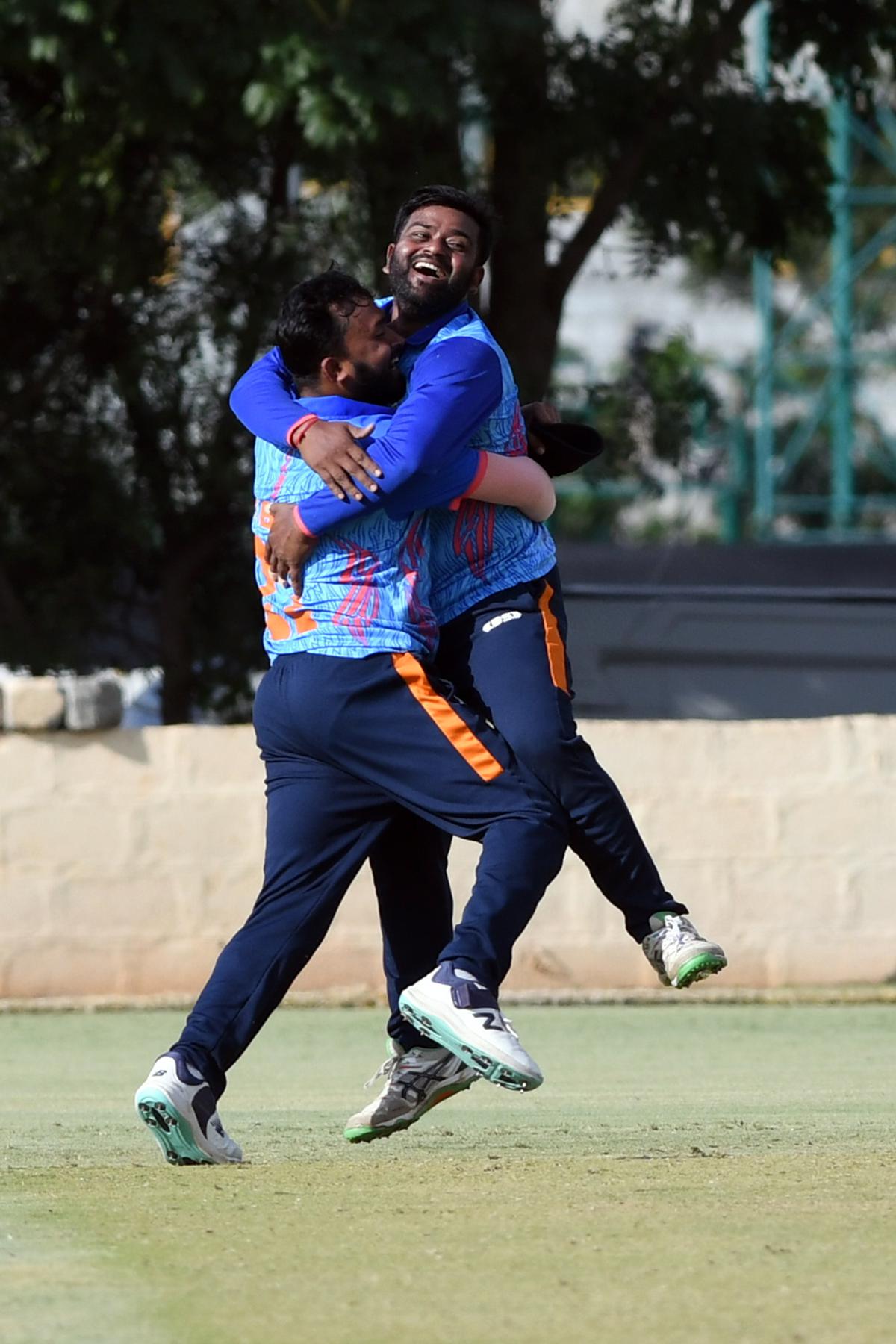 Joydeb Deb celebrating a dismissal during Tripura’s win over Saurashtra in the 2023-24 Vijay Hazare Trophy. 