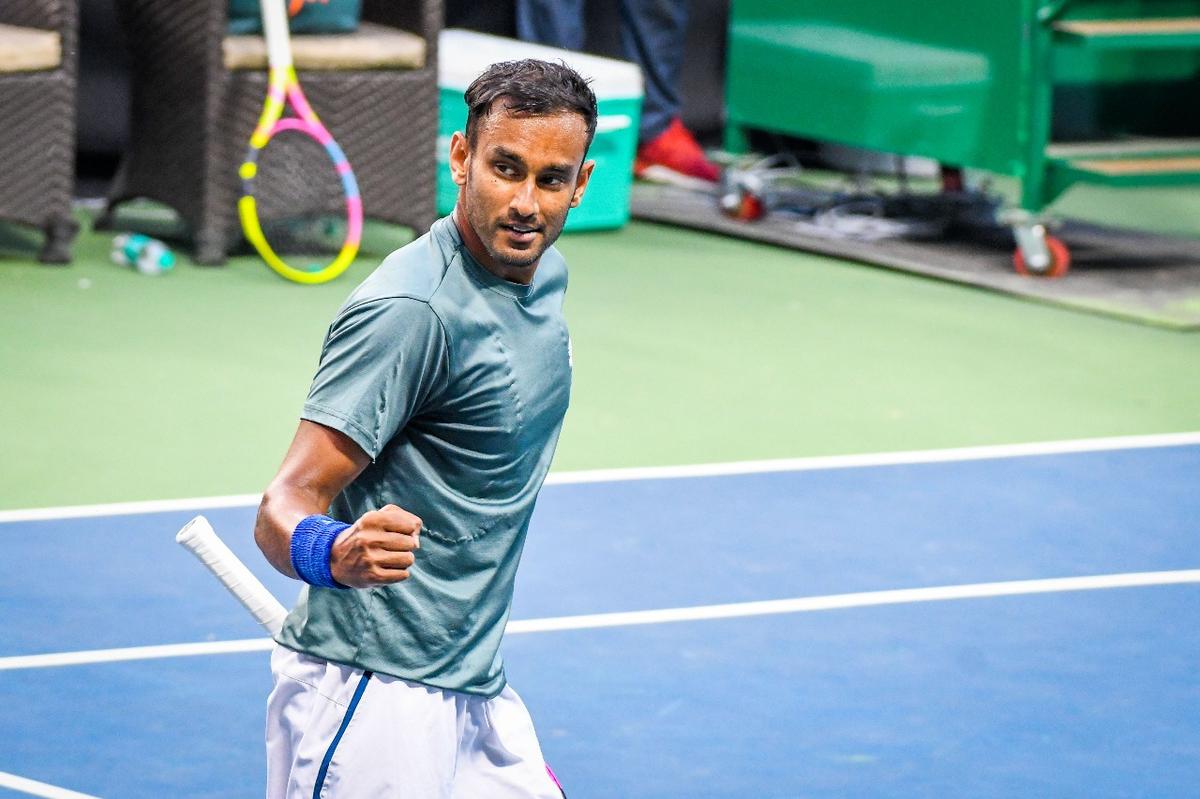 S. Mukund celebrates after beating compatriot Rishi Reddy in the first round of qualifying at Bengaluru Open ATP Challenger on Sunday.