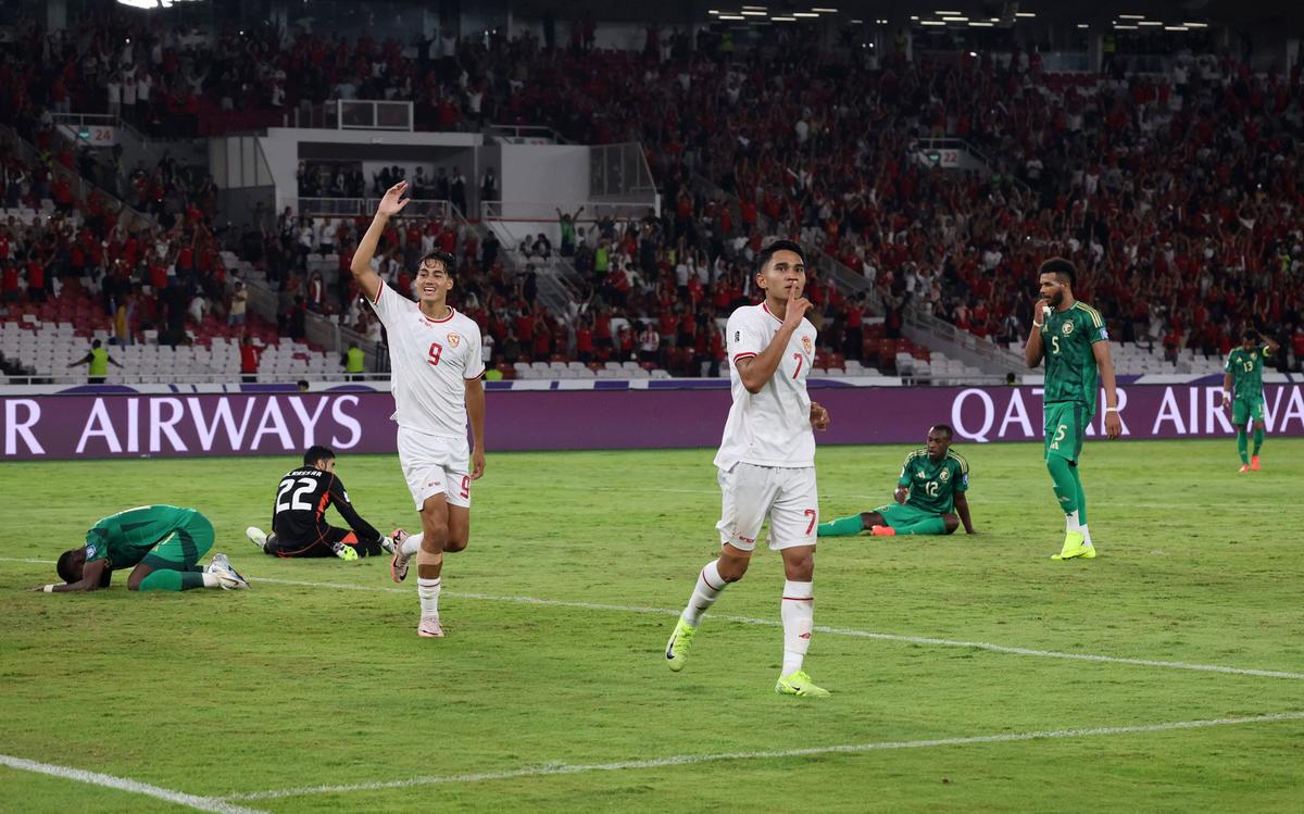 Indonesia’s Marselino Ferdinan celebrates scoring his side’s second goal with Rafael Struick during the match against Saudi Arabia at the Gelora Bung Karno Main Stadium, Jakarta, on Tuesday.