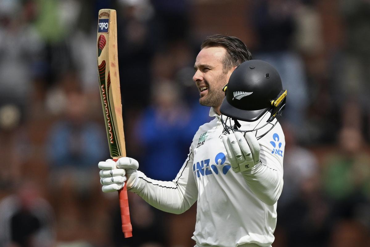 New Zealand’s Tom Blundell celebrates his century during play on day three of the second Test against England.