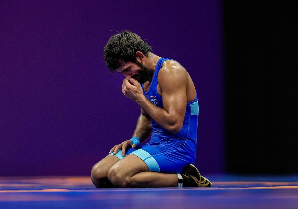 Not to be: Bajrang Punia reacts after losing to Japan’s Kaiki Yamaguchi in the men’s freestyle 65kg category.