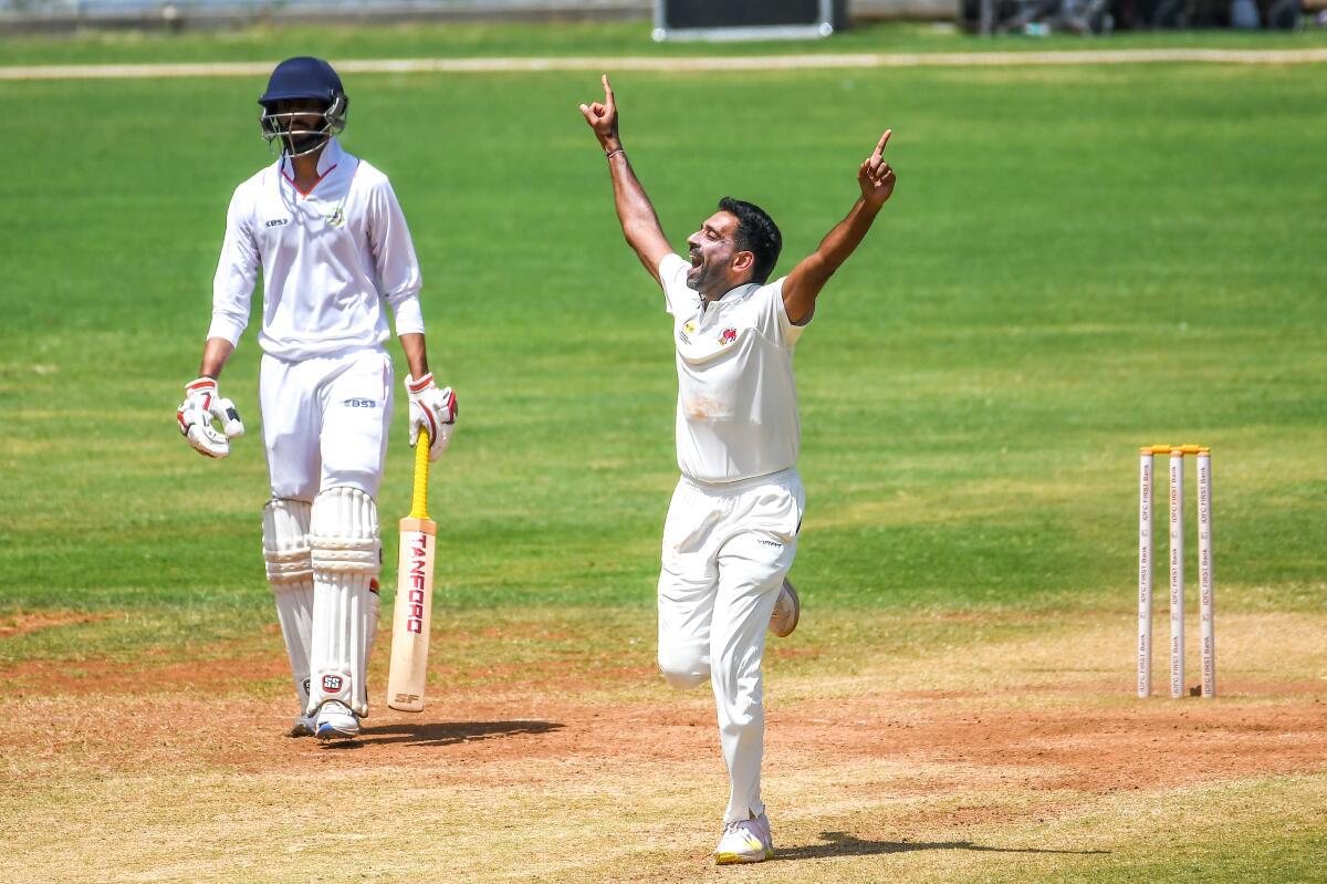 Kulkarni celebrates after taking the last wicket during Mumbai Vs Vidarbha Ranji Trophy Final match at Wankhede Stadium in Mumbai on Thursday. 