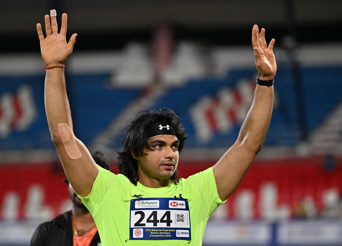 Neeraj Chopra of Haryana in action during the men’s Javelin Throw event at the 27th National Federation Senior Athletics Competition, in Bhubaneswar.