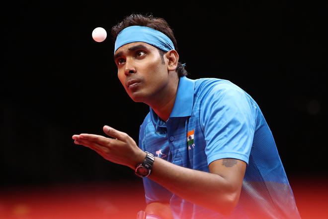 Sharath Kamal in action at the 2018 Commonwealth Games.