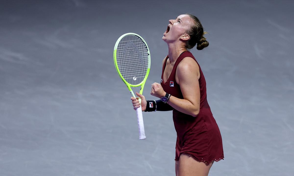 Krejcikova celebrates beating Coco Gauff in their singles match during Day 6 of the 2024 WTA Finals Riyadh.