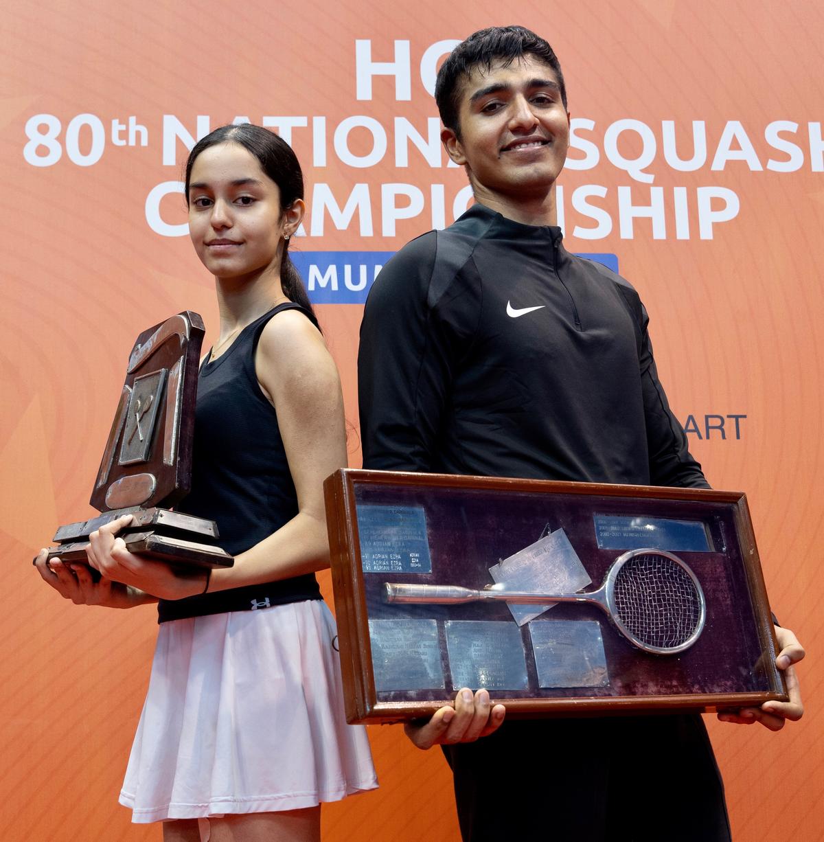 National squash champions Anahat Singh and Abhay Singh in Mumbai on Saturday.