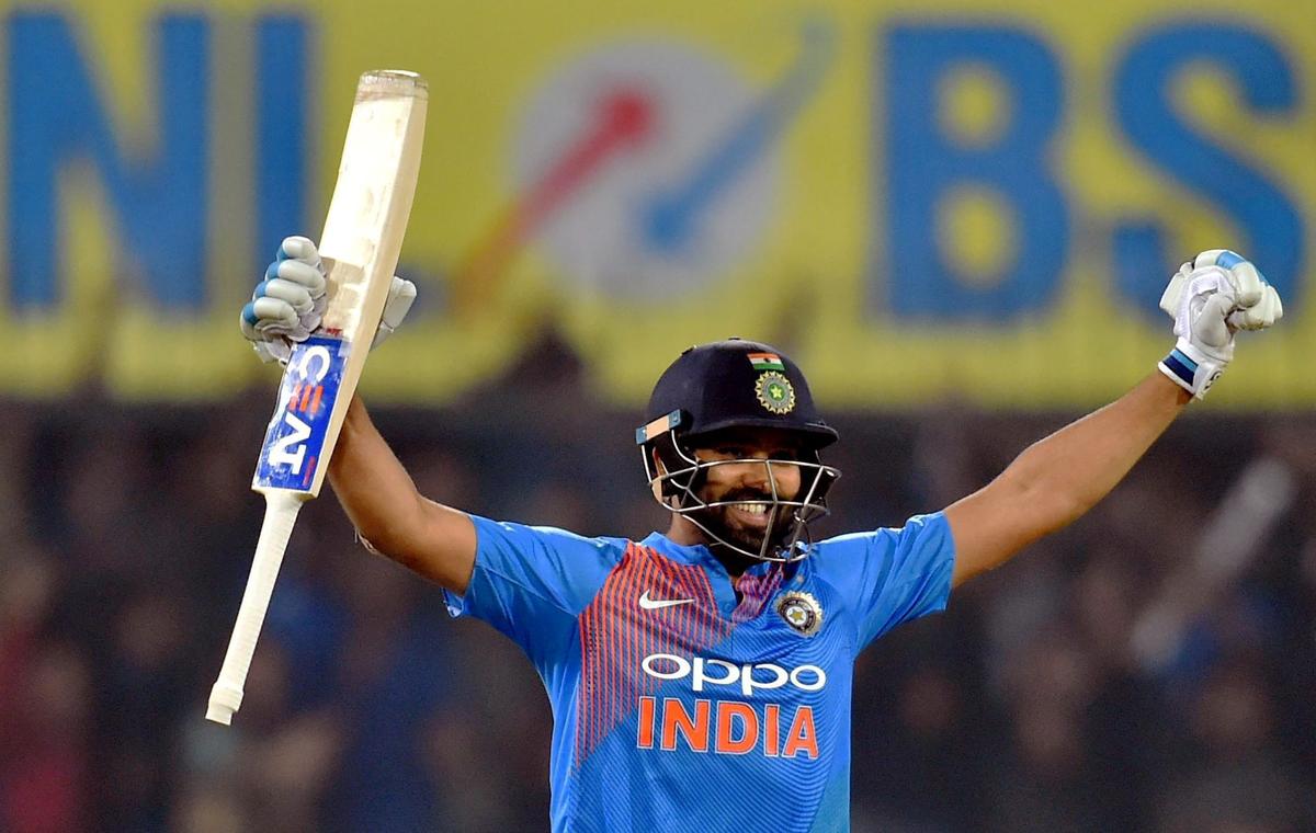 FILE PHOTO: Rohit Sharma celebrates his century during the 2nd T20I against Sri Lanka in Indore. 