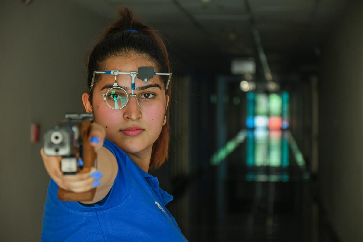 Hitting the bulls eye: Rhythm Sangwan secured a16th shooter quota for India at the 2024 Paris Olympics by winning a bronze medal in 25m sports pistol at the Asia Olympic Qualifiers in January. The Hindu photo library