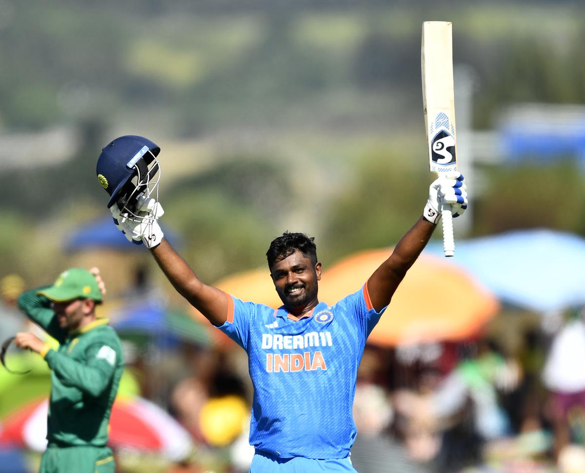 Sanju Samson of India celebrates after scoring a century during the 3rd One Day International match between South Africa and India at Boland Park on December 21, 2023 in Paarl.