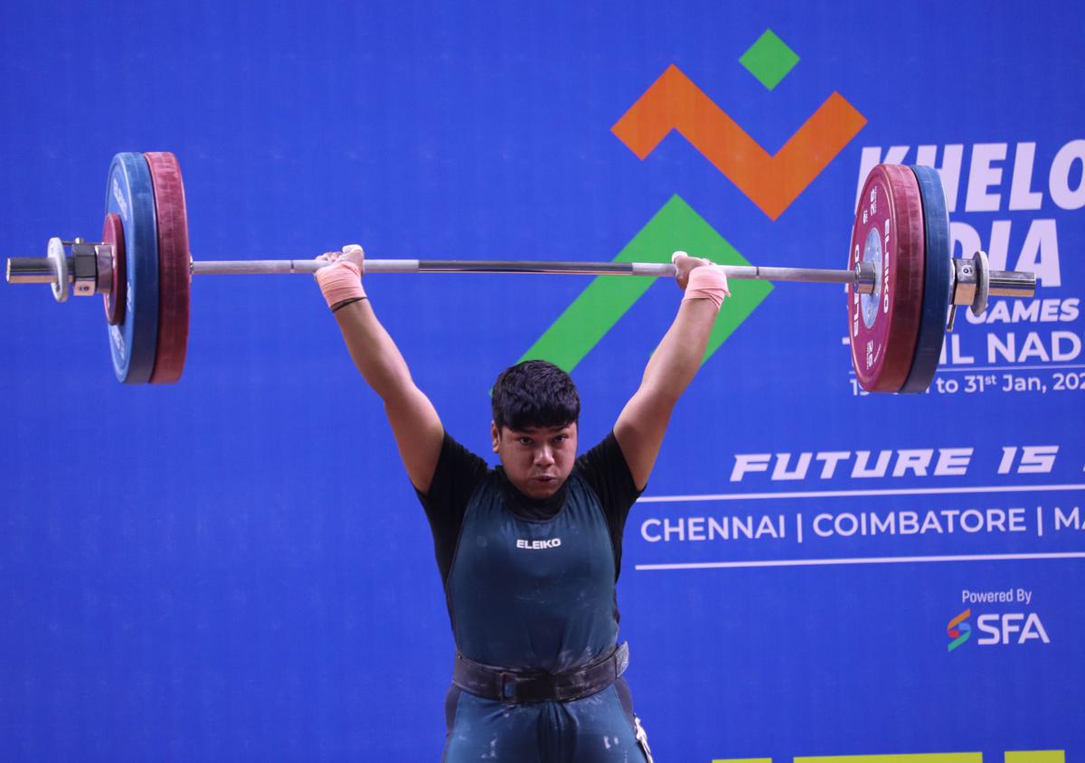 Weightlifter A. Sanjana in action.