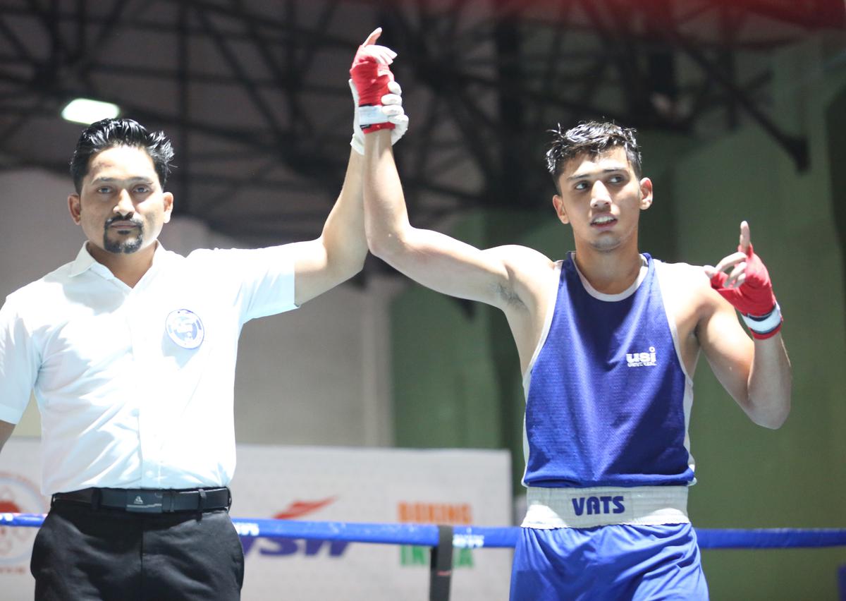 Haryana’s Vishesh after beating Chandigarh’s Krrish Pal in the 48kg quarterfinals at the sixth Youth Men’s National Boxing Championships in Gangtok, Sikkim on Saturday.