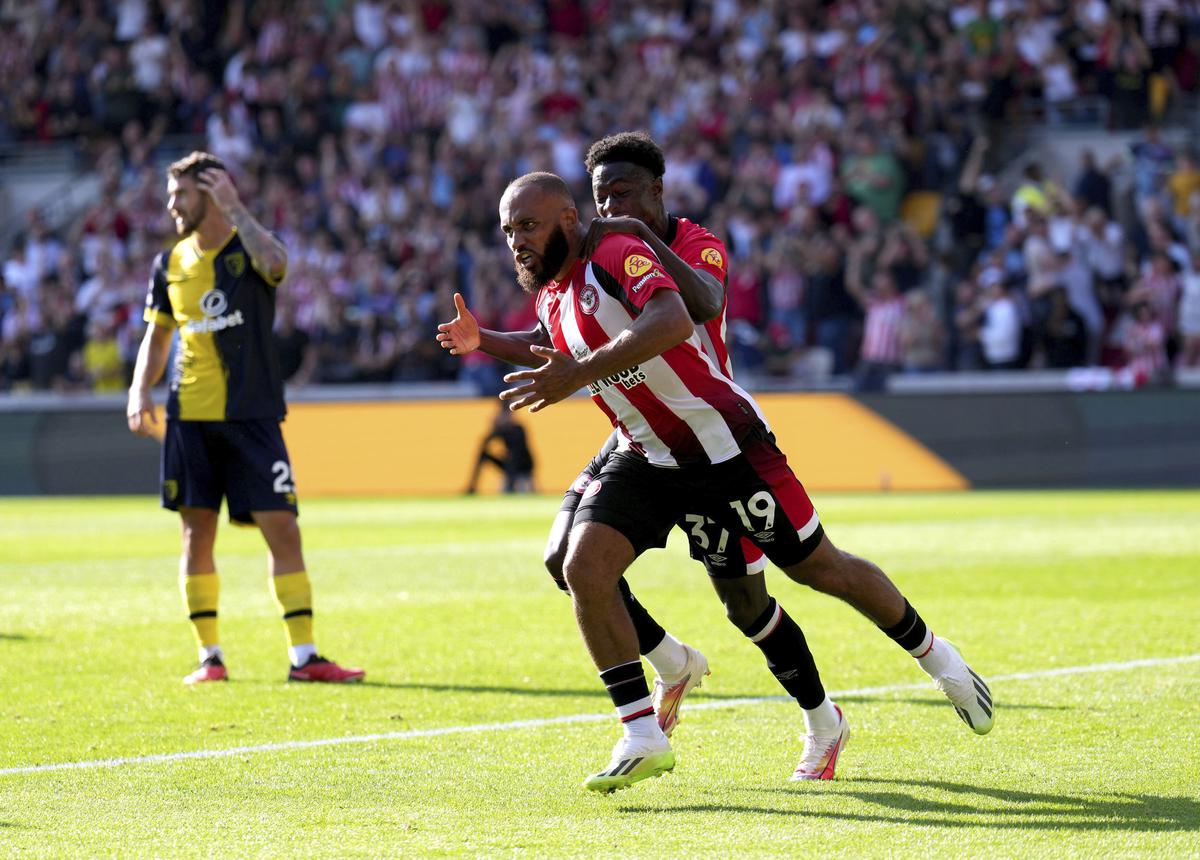 Brentford’s Bryan Mbeumo celebrates scoring his side’s second goal of the game during the Premier League match between AFC Bournemouth and Brentford FC at the Gtech Community Stadium, in London.