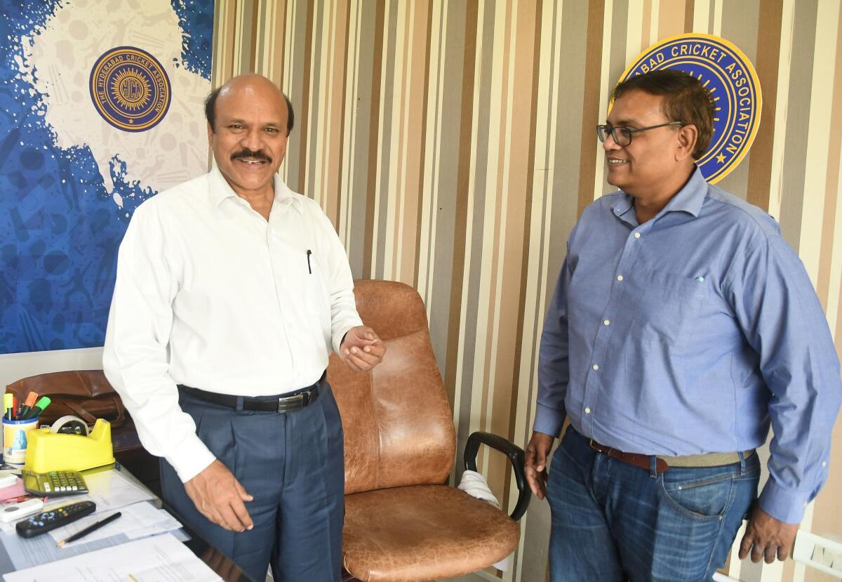 K. Durga Prasad, former DG, CRPF, along with Suneel Kante, CEO, Hyderabad Cricket Association, at the Rajiv Gandhi International Stadium on Thursday.