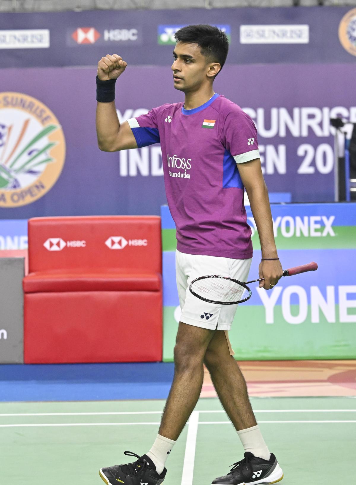 Kiran George celebrates winning the second-round match against France’s Alex Lanier at the India Open, at the Indira Gandhi Indoor Stadium in New Delhi.