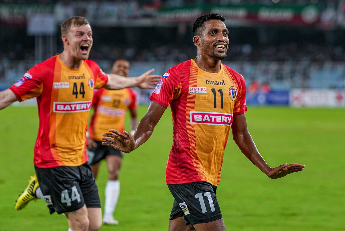 East Bengal FC player Nandha Kumar (11) celebrates after scoring a goal during the Durand Cup football match between Mohun Bagan Super Giant and East Bengal FC, at Vivekananda Yuba Bharati Krirangan in Kolkata, Saturday, August 12, 2023.