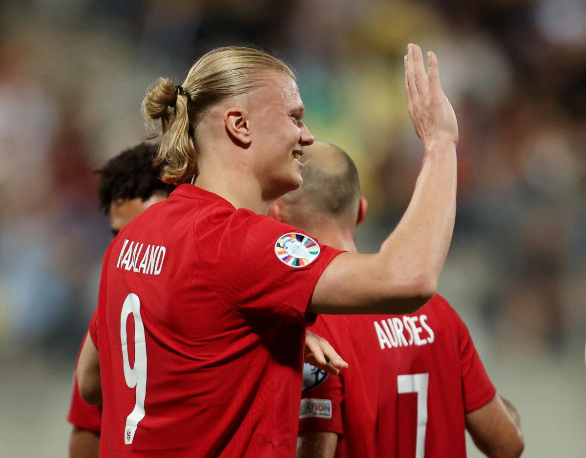 Norway’s Erling Braut Haaland celebrates scoring its third goal.
