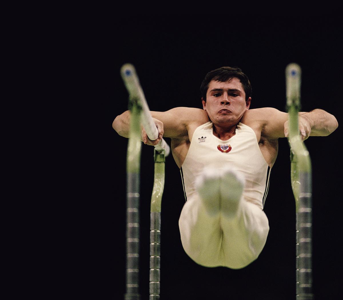 Dmitry Bilozerchev of the Soviet Union during the Men’s Parallel Bars on 24th September 1988 during the XXIV Summer Olympic Games.