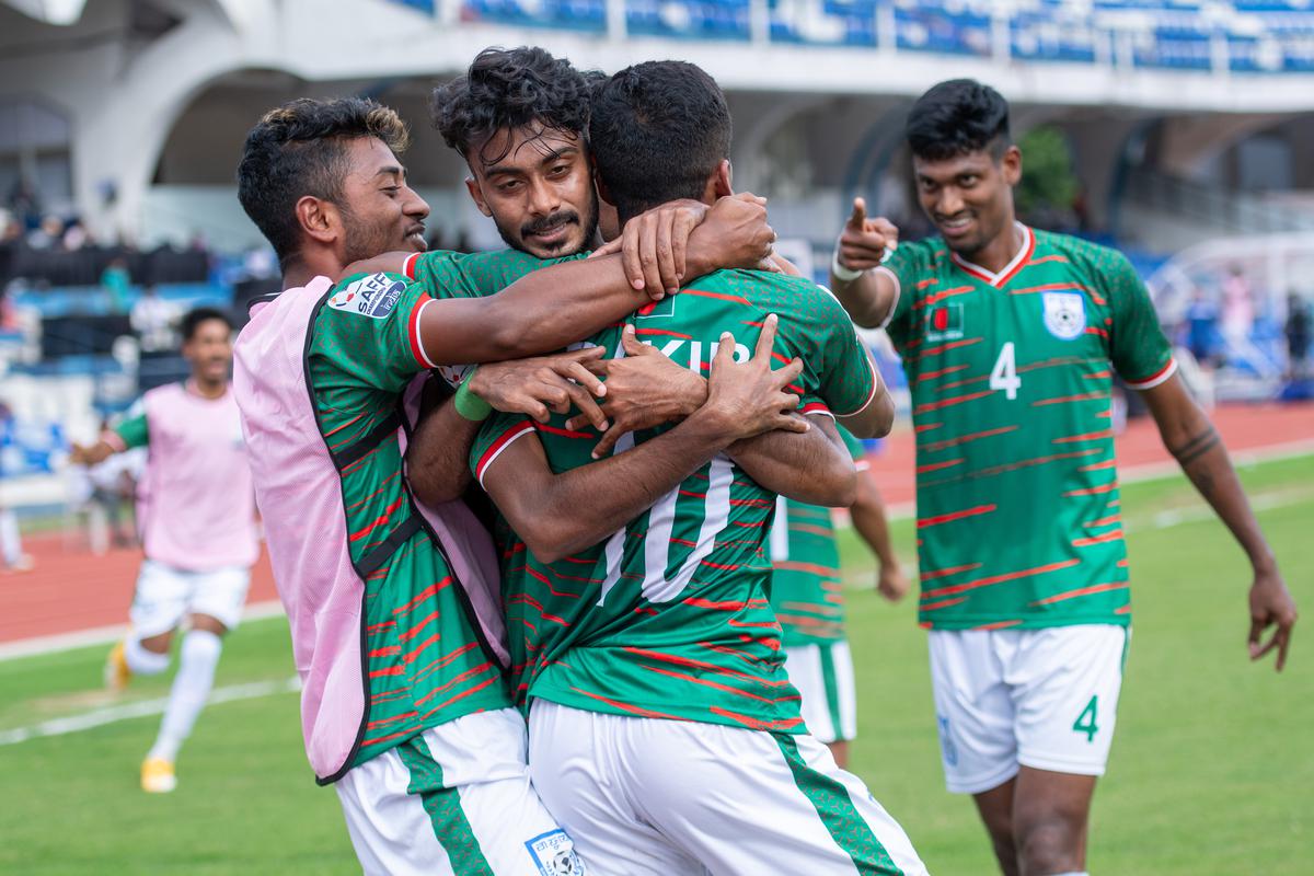 Bangladesh celebrates scoring a goal against Maldives in a SAFF Championship game at the Sree Kanteerava Stadium in Bengaluru.