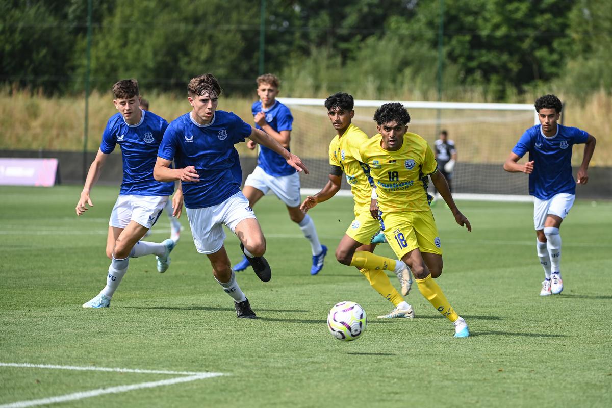 On the charge: Muthoot FA’s Mohammed Enas in action against Everton. 