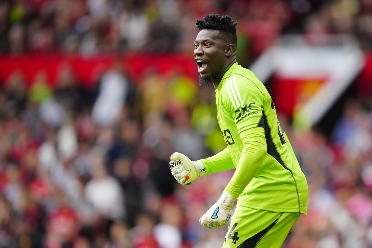 Manchester United’s goalkeeper Andre Onana reacts during the English Premier League match between Manchester United and Nottingham Forest at the Old Trafford stadium in Manchester, England, Saturday, Aug. 26, 2023.