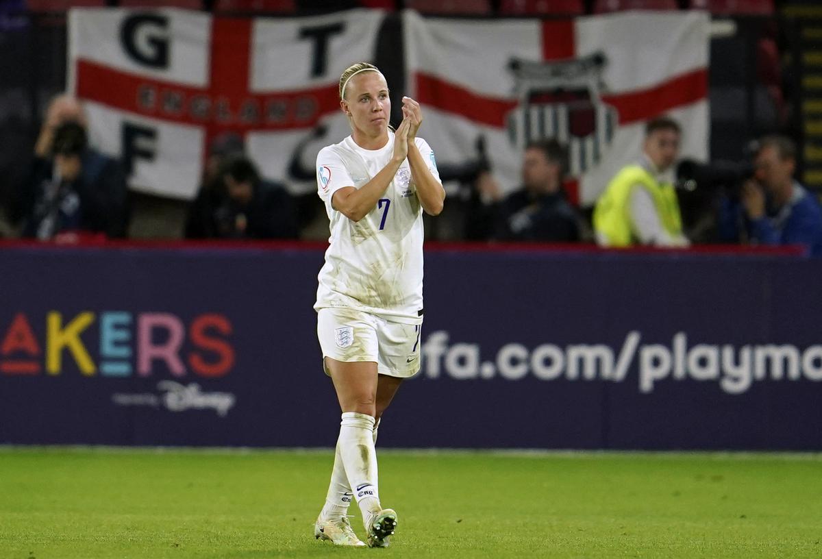 FILE PHOTO - England’s Beth Mead applauds during the Women Euro 2022 semifinal match between England and Sweden at Bramall Lane Stadium in Sheffield.