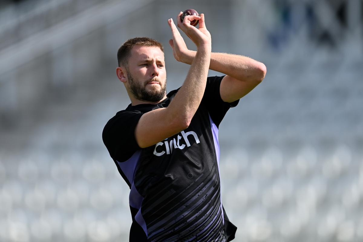 Gus Atkinson of England bowls during a nets session at Trent Bridge in Nottingham, England. 