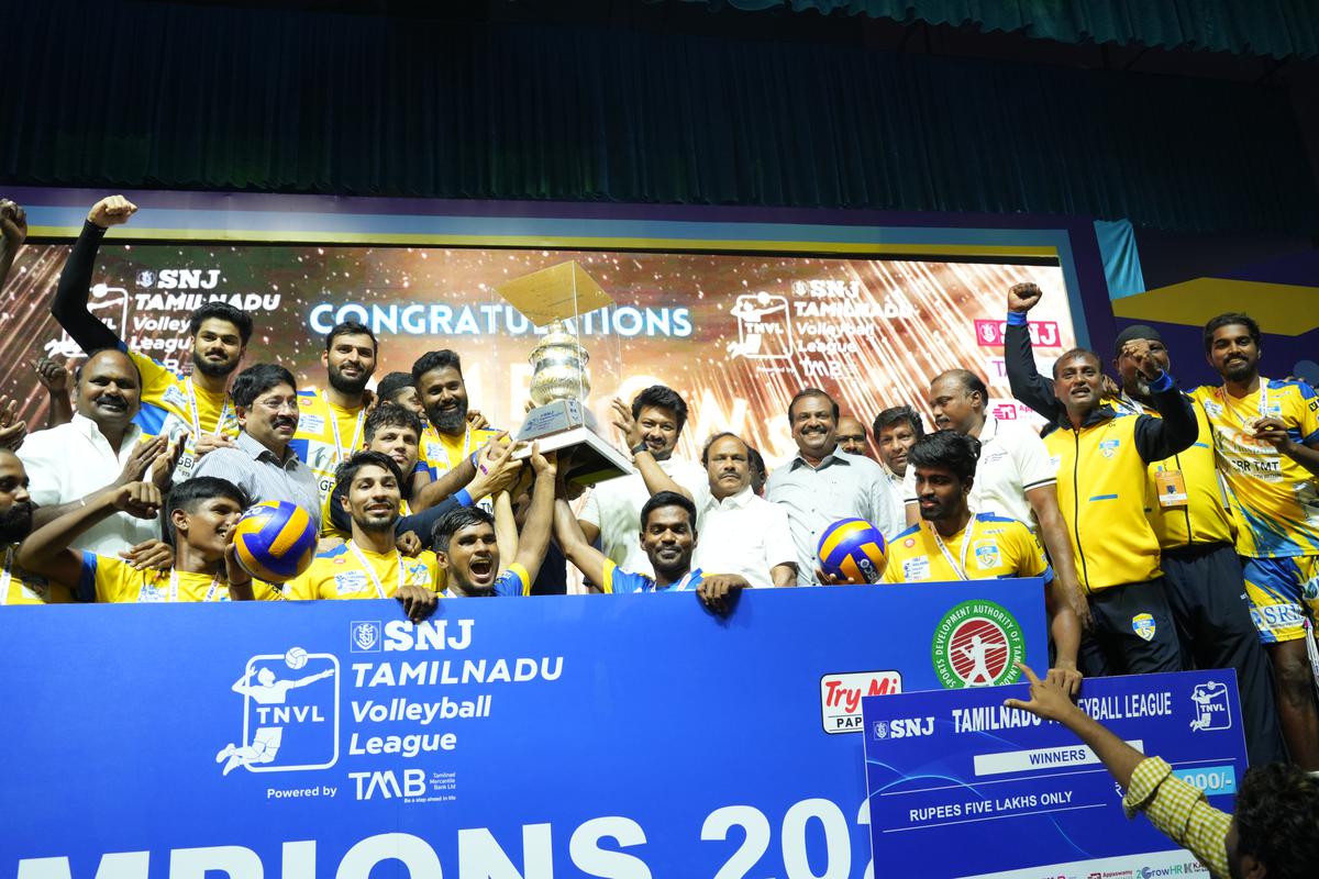 Chennai Rockers, the winners of the Tamil Nadu Volleyball League (TNVL)