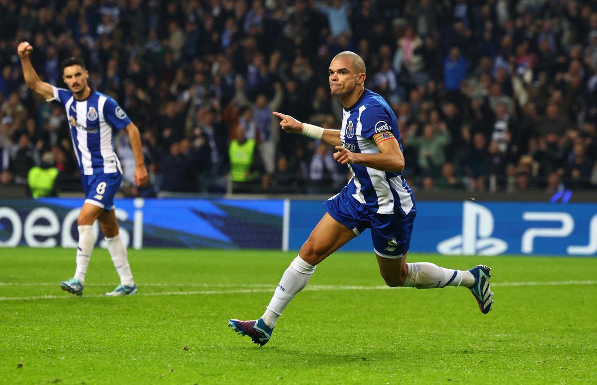 FC Porto’s Pepe celebrates scoring its second goal against Royal Antwerp in the Champions League.