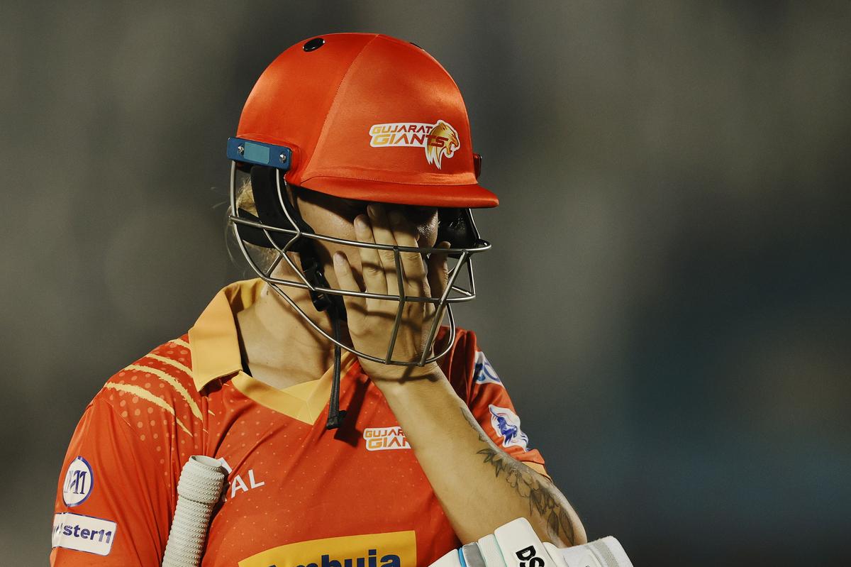 Ashleigh Gardner (c) of Gujarat Giants going back to pavilion during the eliminator match of the Women’s Premier League 2025 (WPL) between the Mumbai Indians and the Gujarat Giants held at the Brabourne Stadium, Mumbai, India on the 13th March 2025.