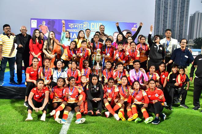 East Bengal players celebrate after winning the Kanyashree Cup. 