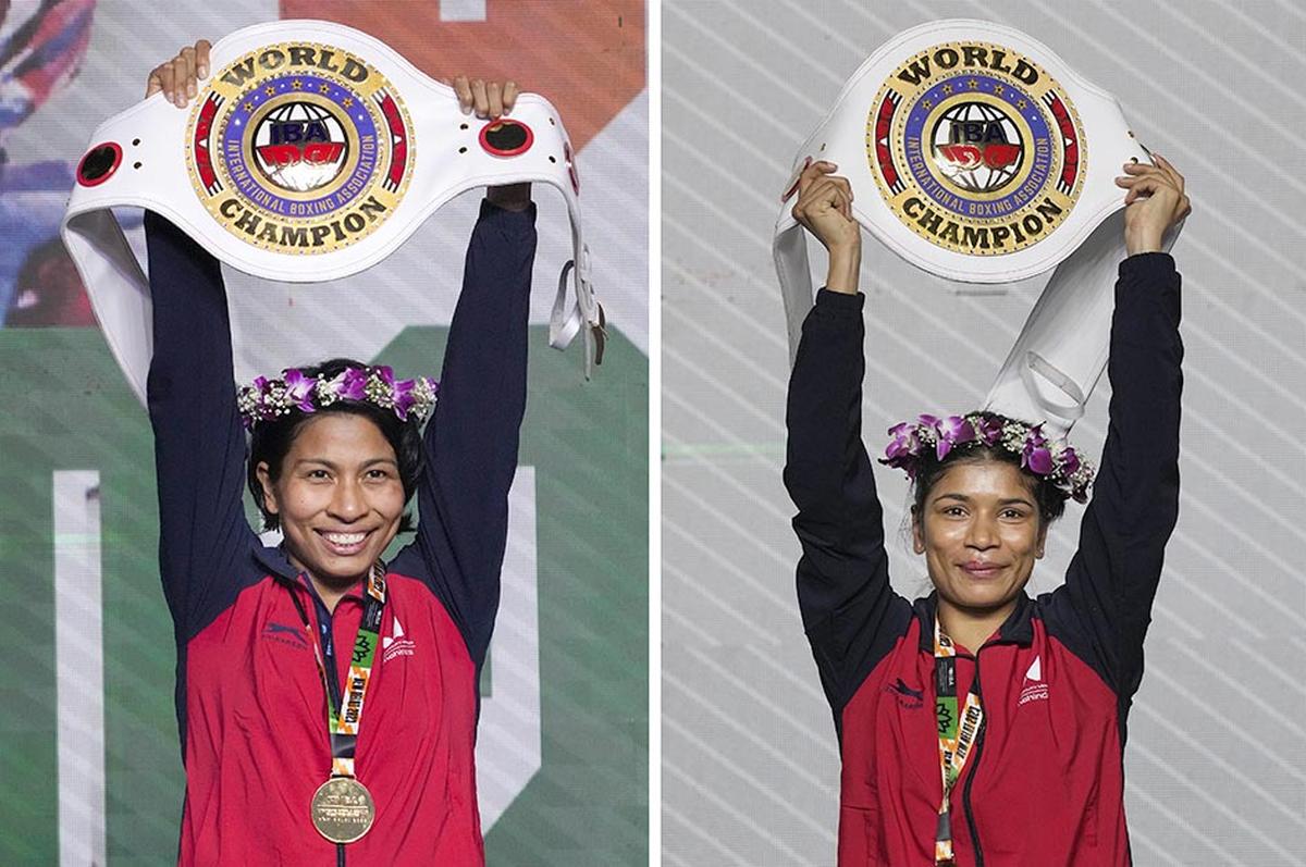 Lovlina Borgohain (L) and Nikhat Zareen pose with their medals during award ceremony, at the 2023 IBA Women’s Boxing World Championships, in New Delhi, Sunday.