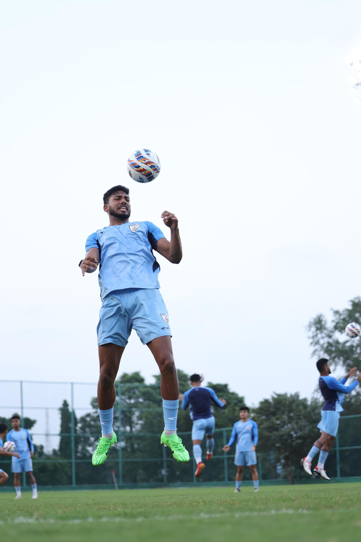 Rahim Ali in training before the FIFA World Cup 2026 qualifier against Kuwait, at the Salt Lake Stadium.