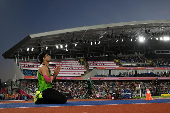 Arshad Nadeem of Pakistan celebrates after winning the gold medal in the men’s javelin throw final on Sunday. 