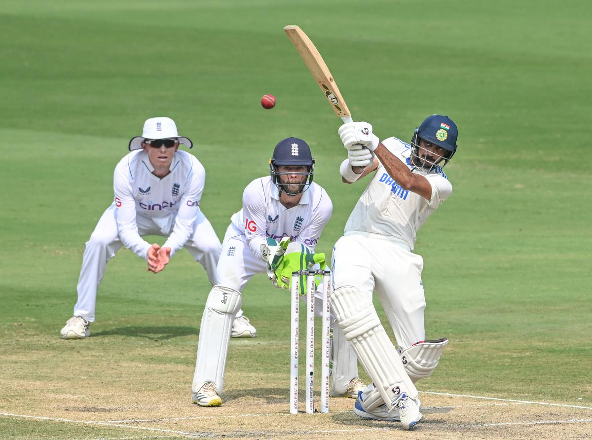 FILE PHOTO: India’s Axar Patel plays a shot during the third day of the second Test cricket match between India and England at ACA-VDCA Stadium In Visakhapatnam.