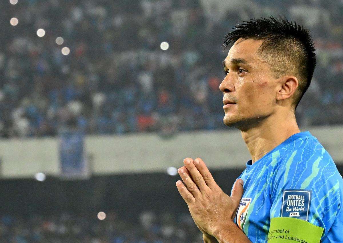 FILE PHOTO: Sunil Chhetri during his last match for India against Kuwait in the FIFA Qualifier at the Salt Lake Stadium at Kolkata.