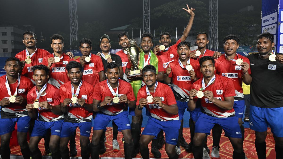 The Odisha team after winning the 14th Hockey India Senior Men National Championship at the Mayor Radhakrishnan Stadium in Chennai on Saturday.