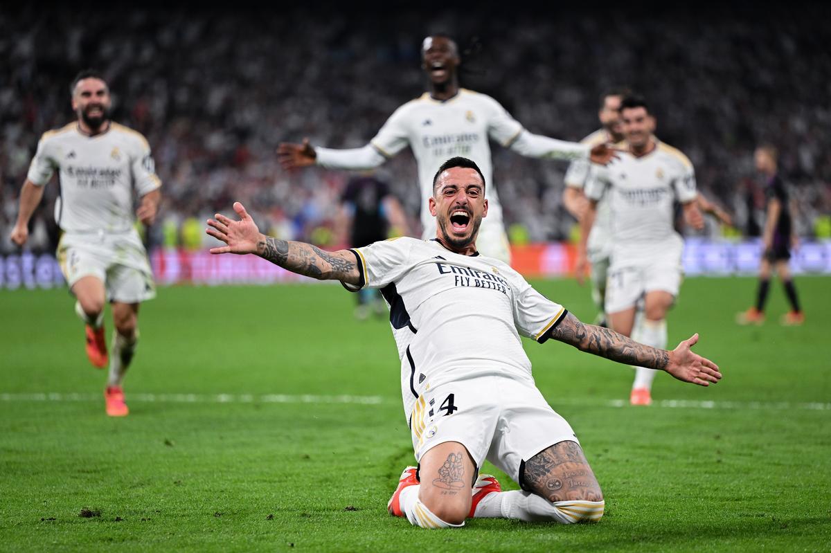 Joselu of Real Madrid celebrates scoring his team’s second goal during the UEFA Champions League semi-final second leg match between Real Madrid and FC Bayern München at Estadio Santiago Bernabeu on May 08, 2024, in Madrid, Spain.