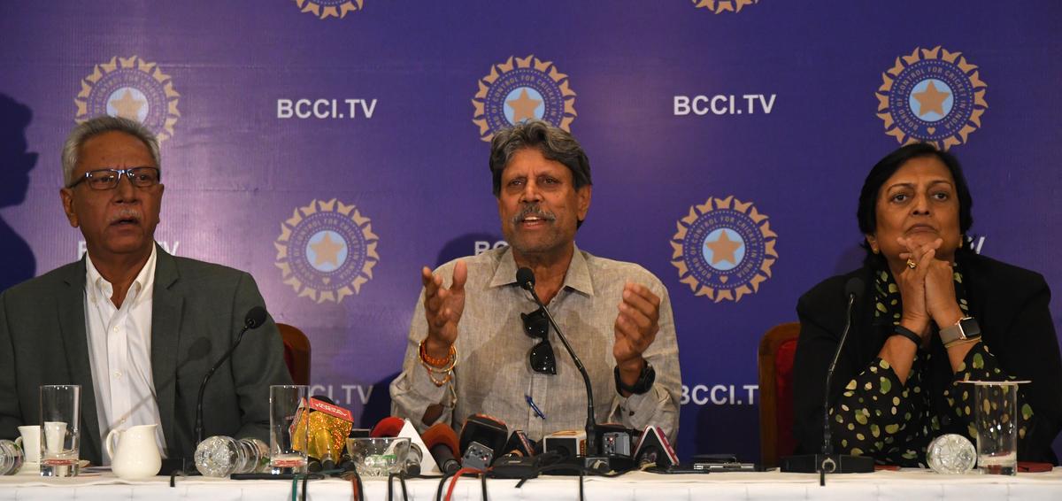 FILE PHOTO: Cricket Advisory Board members Kapil Dev, Anshuman Geakwad and Shantha Rangaswamy address a press conference after selecting the Indian cricket team's coach in Mumbai on August 16, 2019. Photo: Vivek Bendre