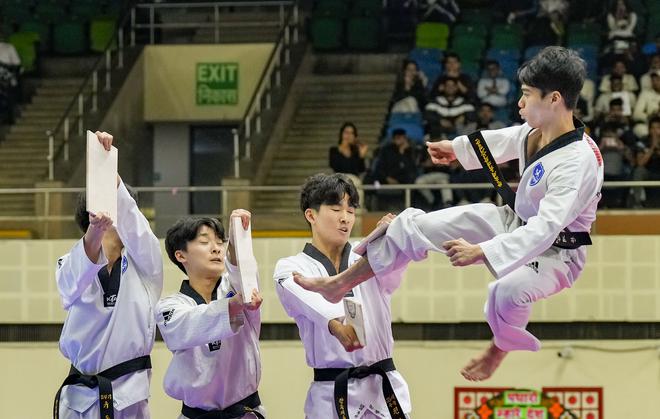 Korean players display their skills during the opening ceremony of all India Inter SAI Taekwondo Championship 2023, organised in celebration of the 50th anniversary of Korea-India diplomatic relations, in New Delhi.