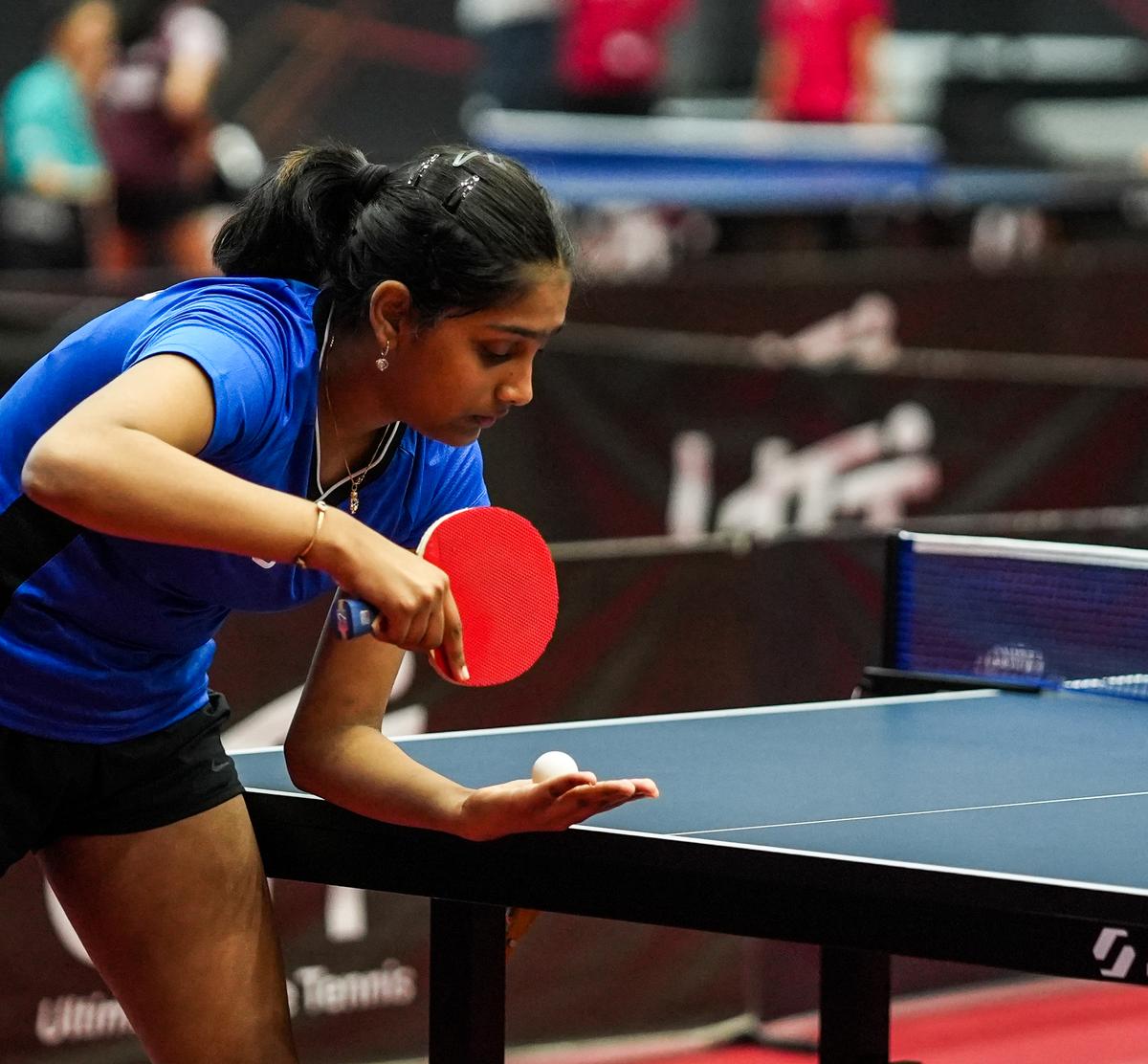 Divyanshi Bhowmick (in pic) beat compatriot Shrestha Kontham in Group 1 of the girls U-19 singles category at the WTT Youth Contender event in Vadodara on Sunday.