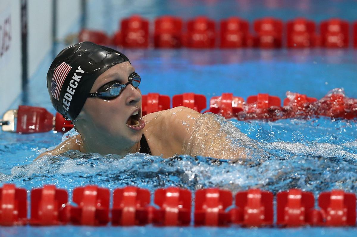  Katie Ledecky reacts after winning gold in the women’s 800m freestyle final at the London 2012 Olympic Games.