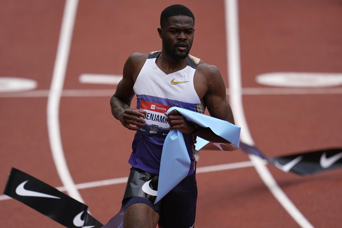 Rai Benjamin wins the men’s 400-meter hurdles final at the U.S. Championships athletics meet in Eugene.