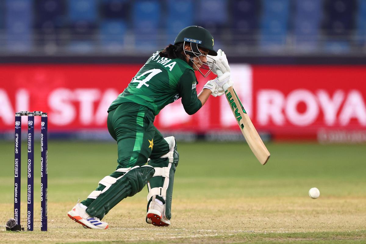 Fatima Sana bats during the ICC Women’s T20 World Cup 2024 match between Pakistan and New Zealand at Dubai International Stadium on October 14, 2024. 