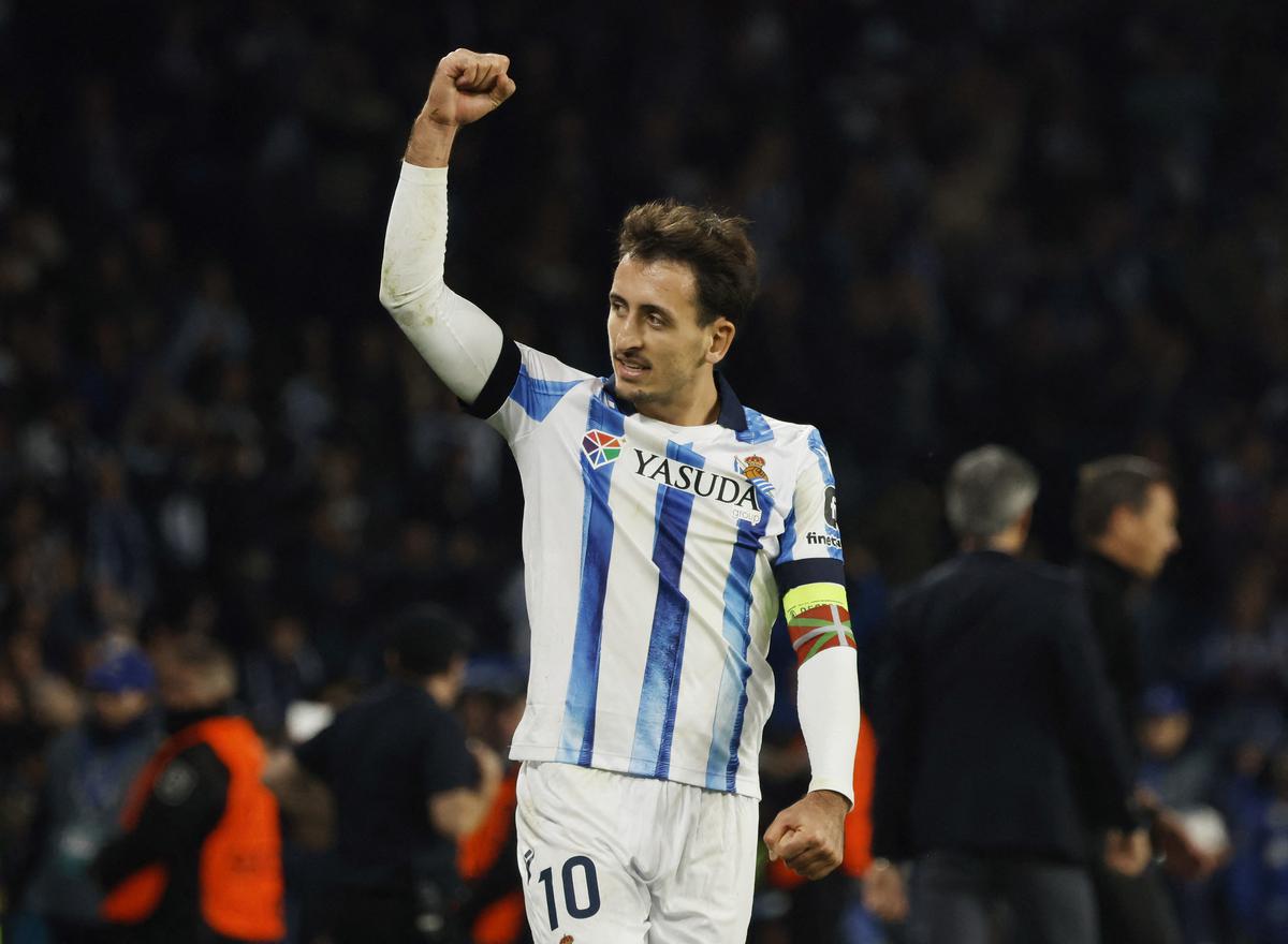 Real Sociedad’s Mikel Oyarzabal celebrates after the UEFA Champions League match against Benfica.