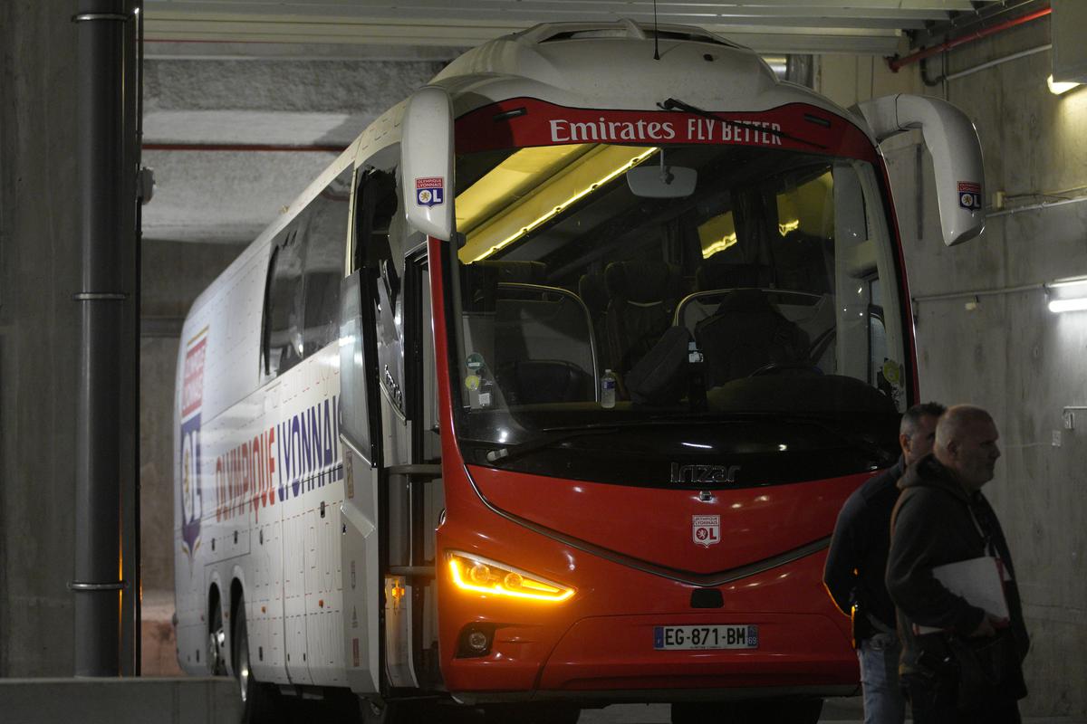 The bus of the Lyon football team is seen stoned before arriving at the Velodrome Stadium prior to the French League One match. 