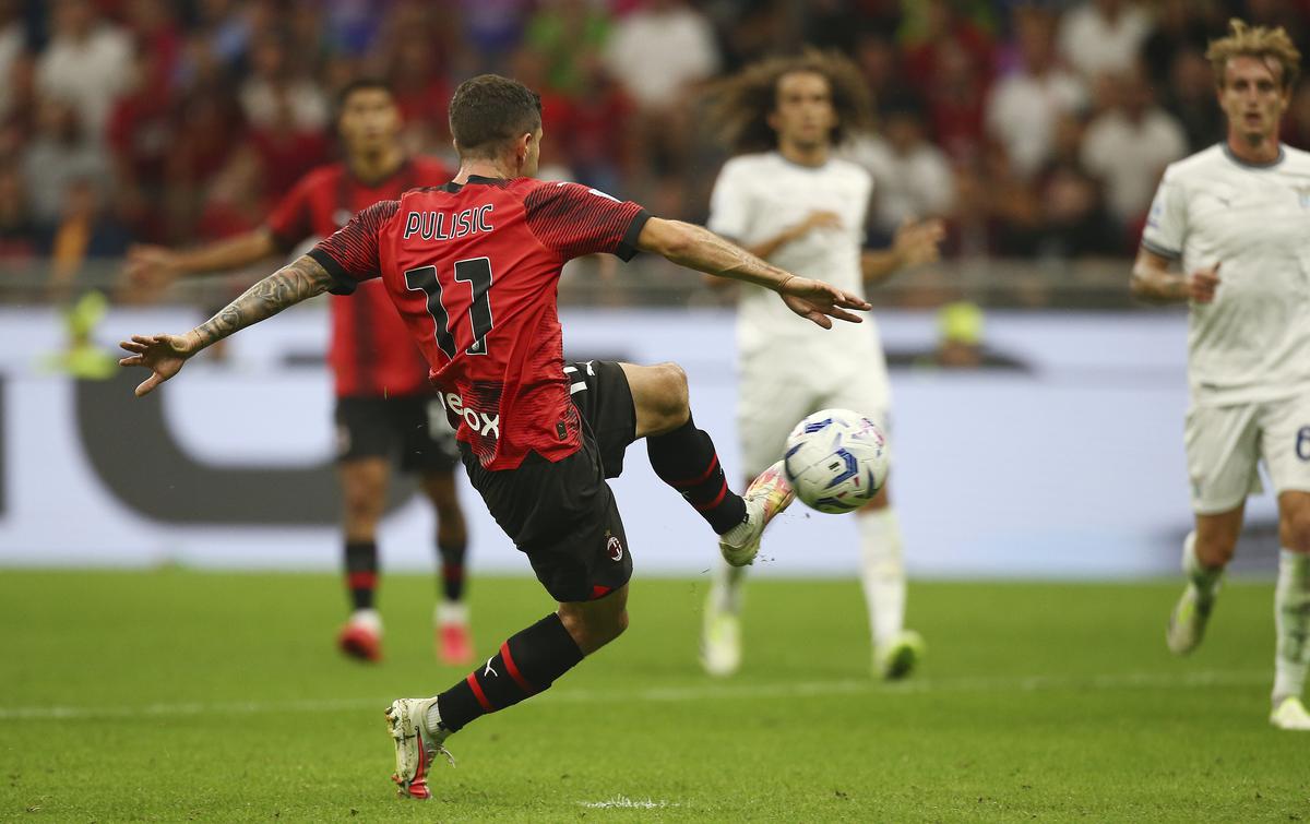 AC Milan’s Christian Pulisic scores his side’s opening goal during a Serie A match between AC Milan and Lazio. 