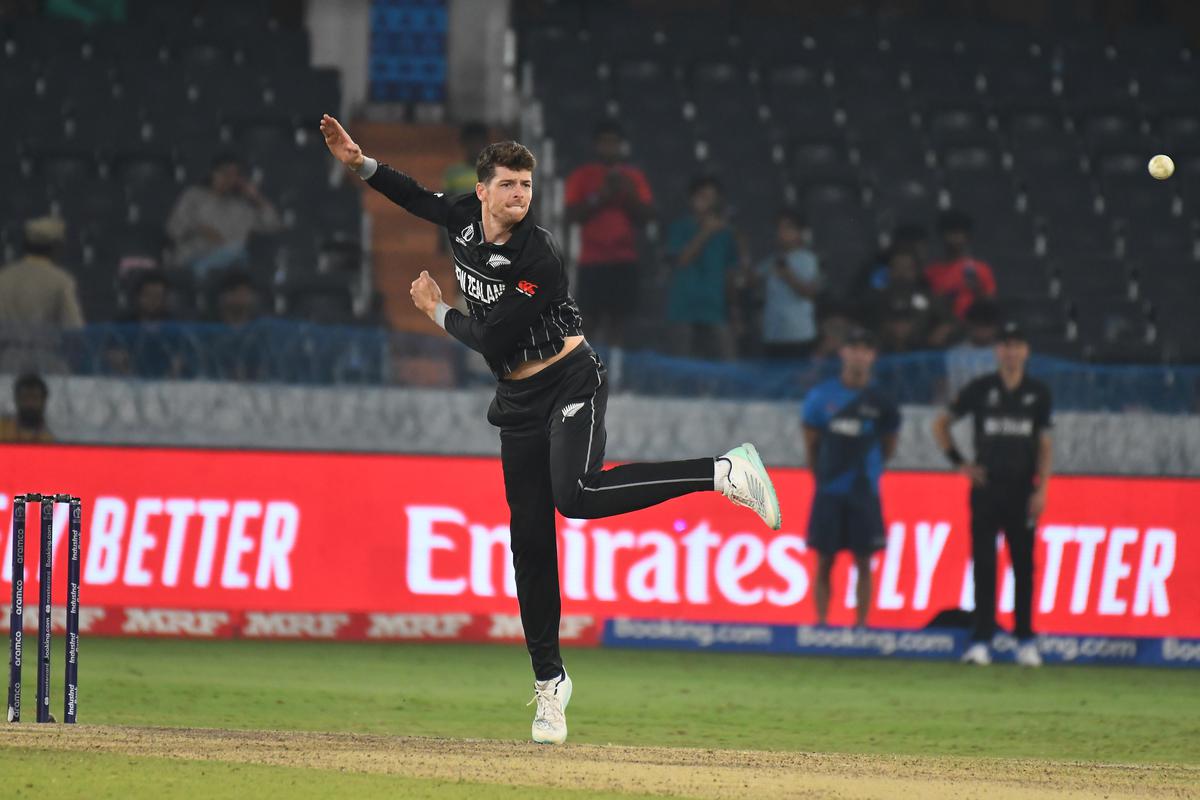 Mitch Santner bowls a delivery during the ICC Men’s Cricket World Cup match between New Zealand and Netherlands.